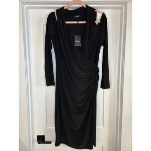 NEW DKNY Black Draped Cold Shoulder Midi Wrap Dress Medium Cocktail (MSRP $119)